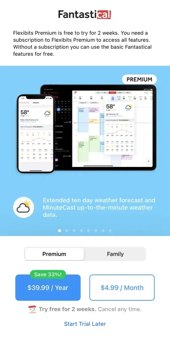 Fantastical Calendar paywall screen