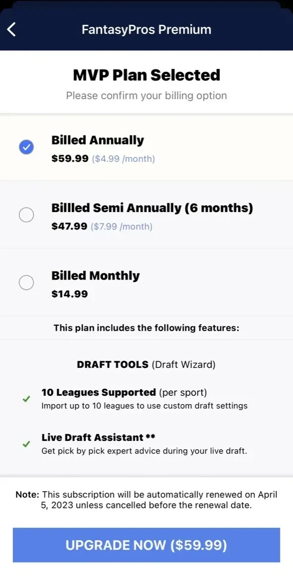 Fantasy Baseball Draft Wizard paywall screen