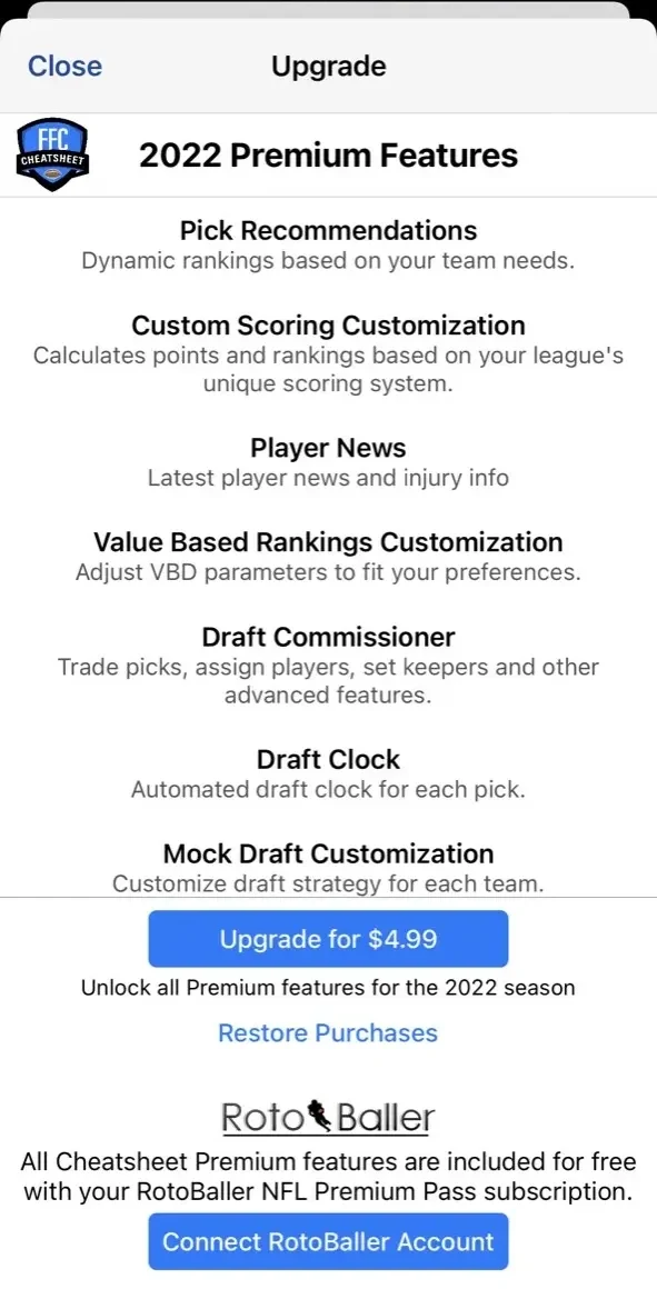 Fantasy Football Cheatsheet paywall screen