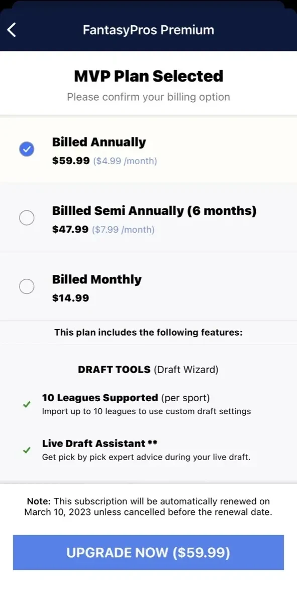 Fantasy Football Draft Wizard paywall screen
