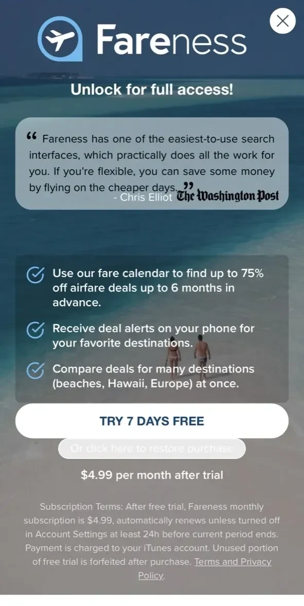 Fareness paywall screen