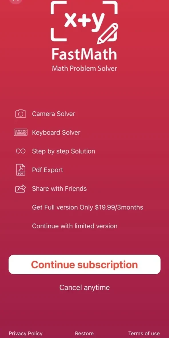 FastMath paywall screen