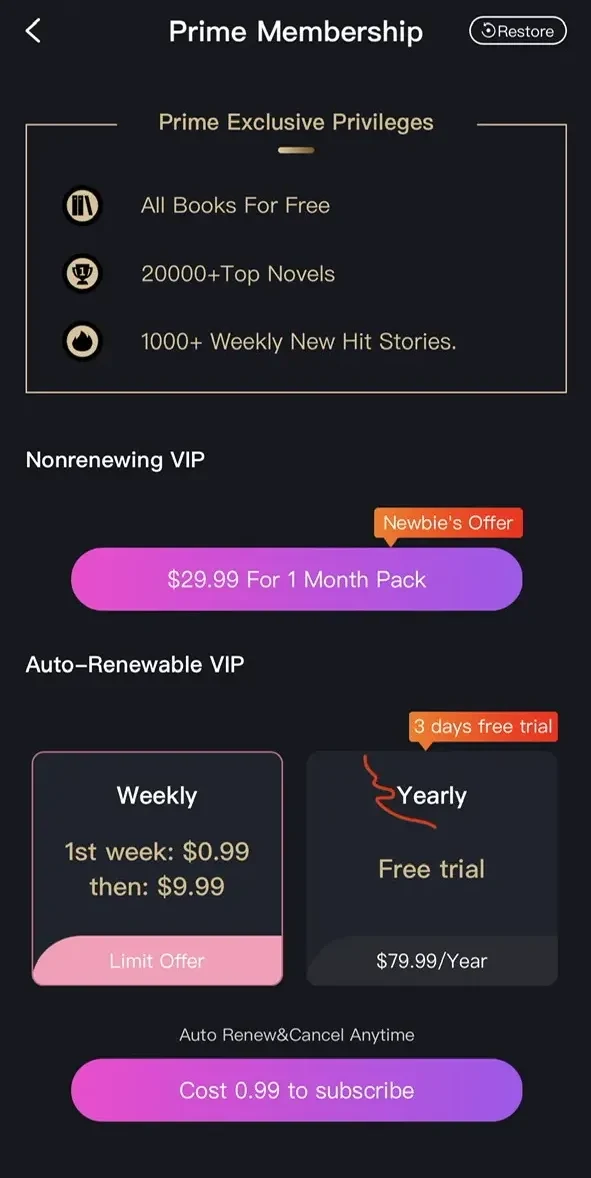 Favoread paywall screen