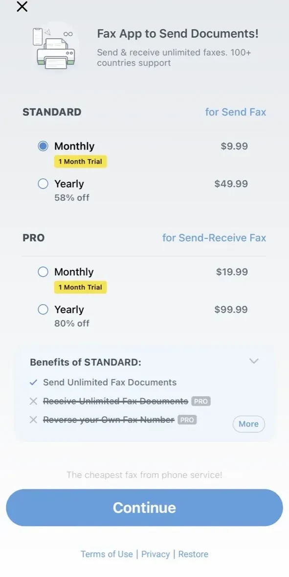 Fax App to Send Documents paywall screen