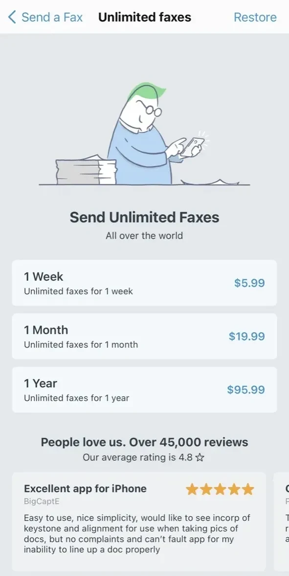 FAX for iPhone paywall screen