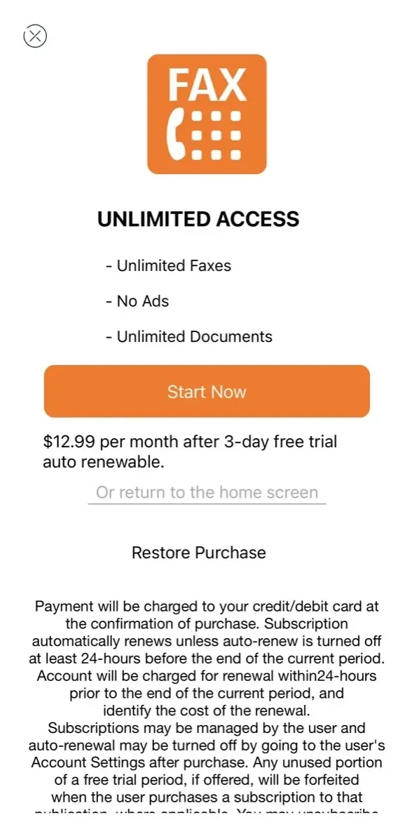 Fax from iPhone free from paywall screen