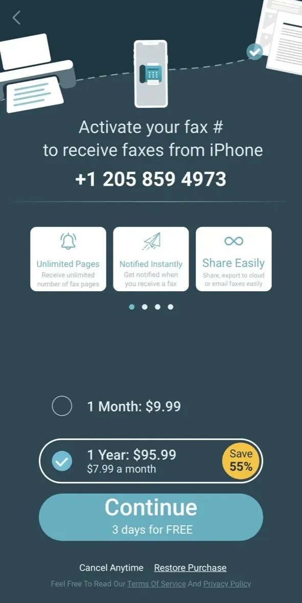 Fax from iPhone paywall screen