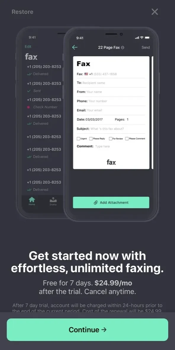 FAX from iPhone paywall screen