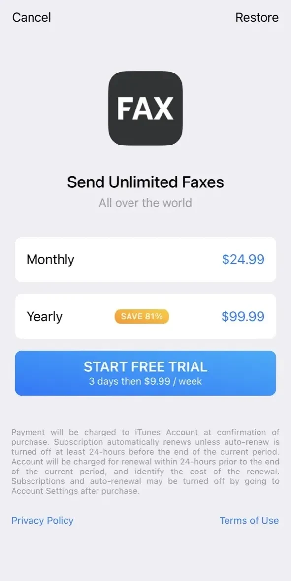 FAX from iPhone paywall screen