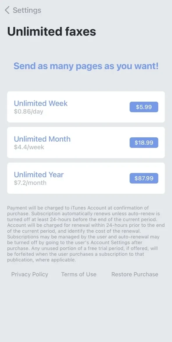 Fax It paywall screen
