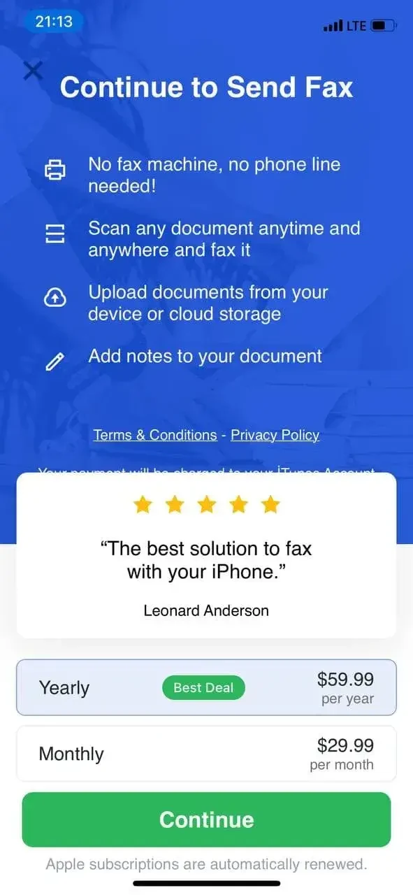 Send Fax App paywall screen