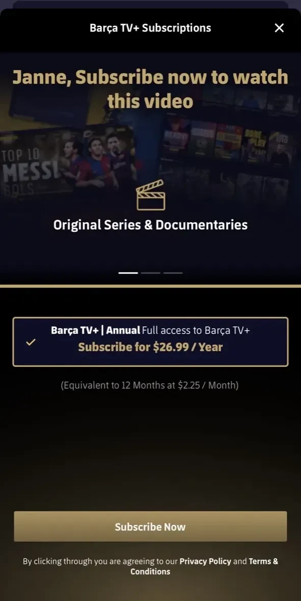 FC Barcelona Official App paywall screen