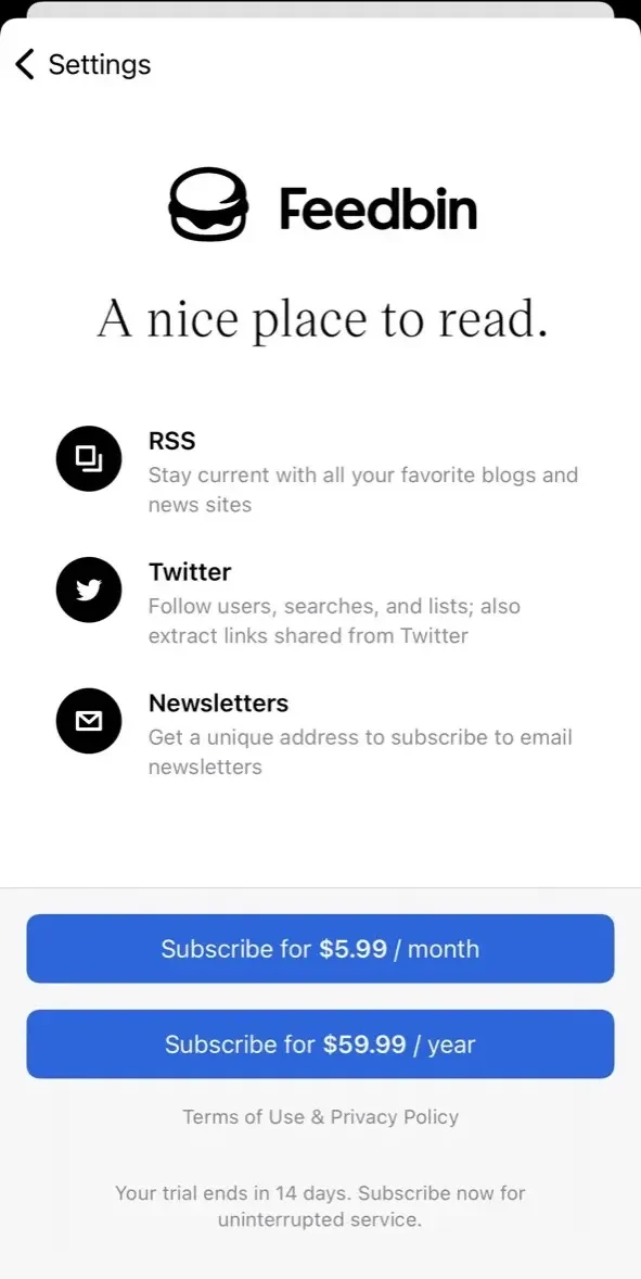 Feedbin paywall screen