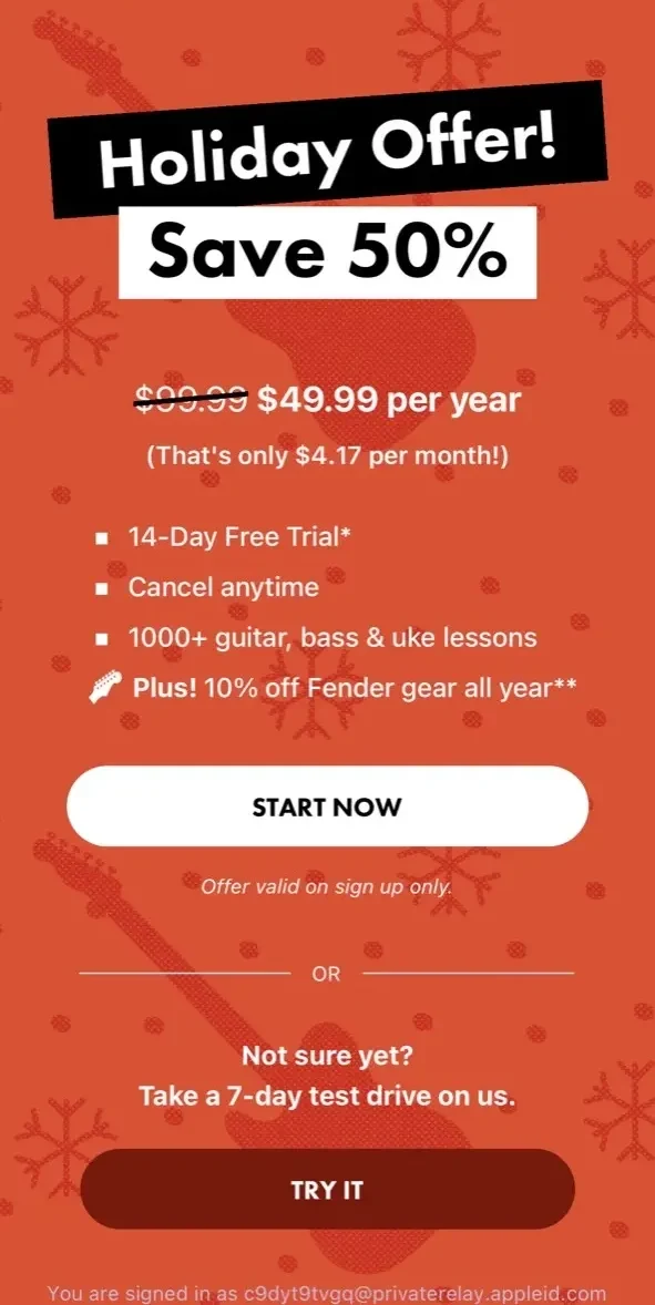 Fender Play paywall screen