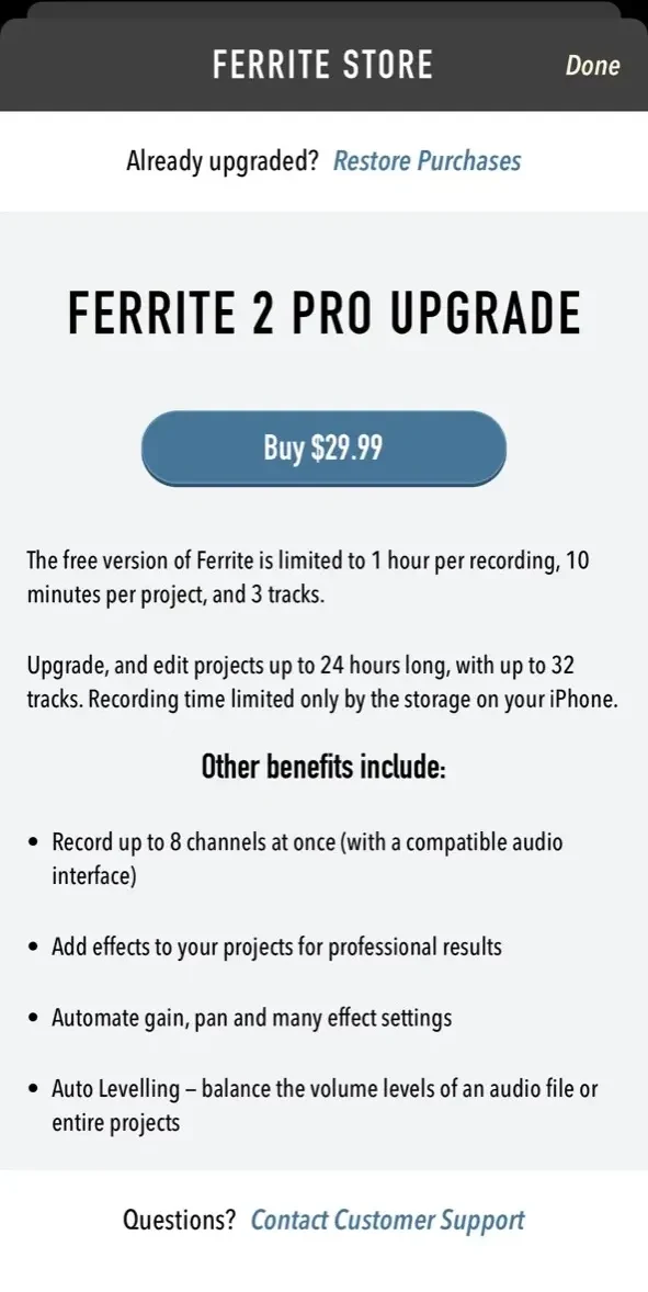 Ferrite Recording Studio paywall screen