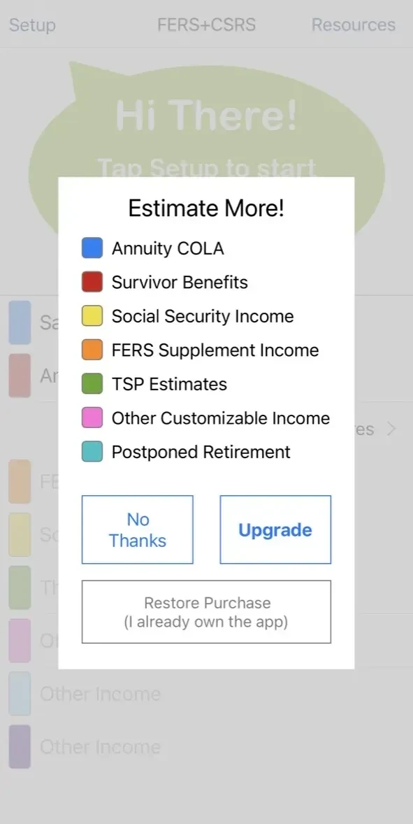 FERS+CSRS Retirement Estimator paywall screen
