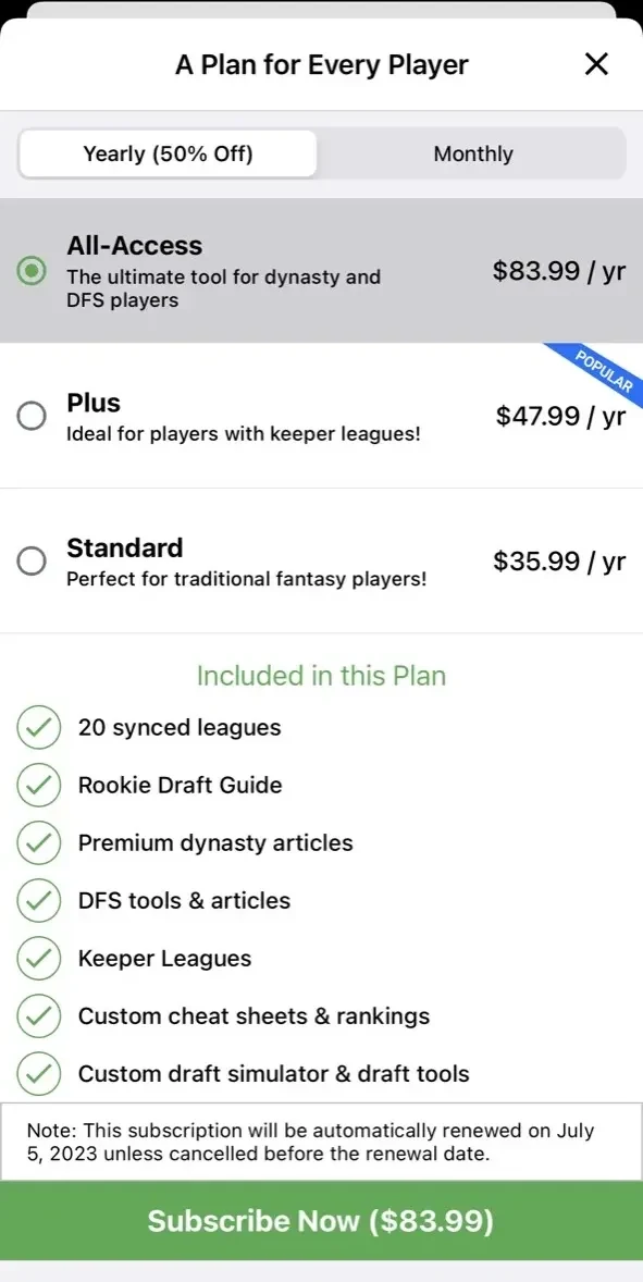 FFC Fantasy Football paywall screen