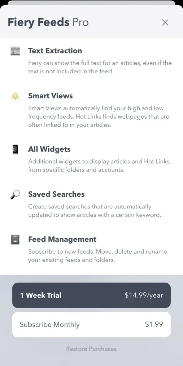 Fiery Feeds paywall screen