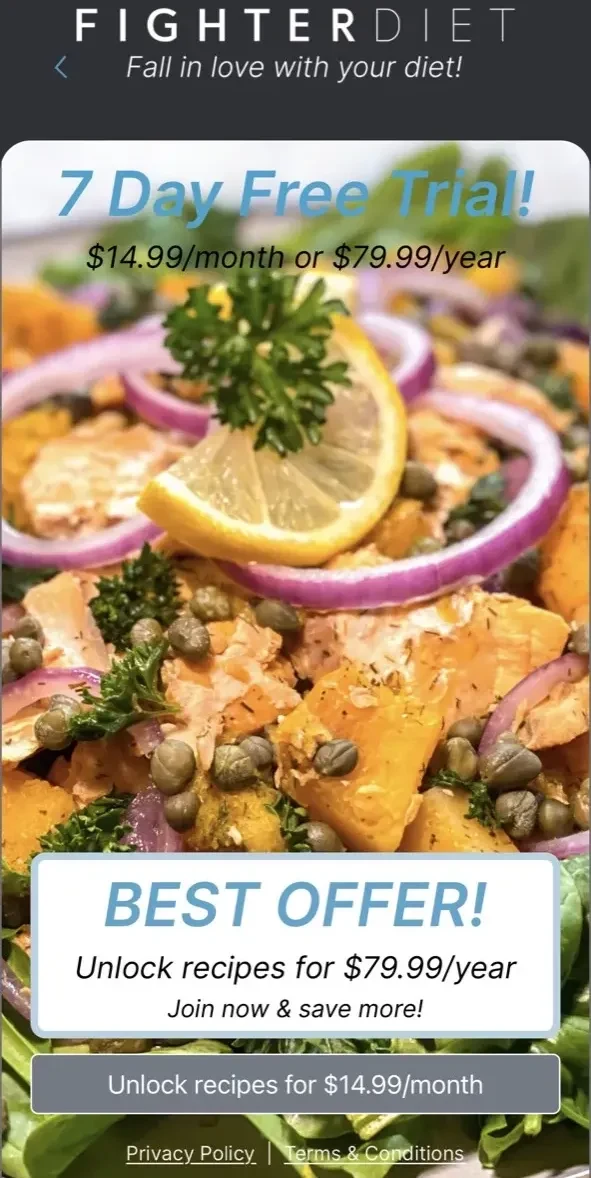 Fighterdiet Recipes paywall screen