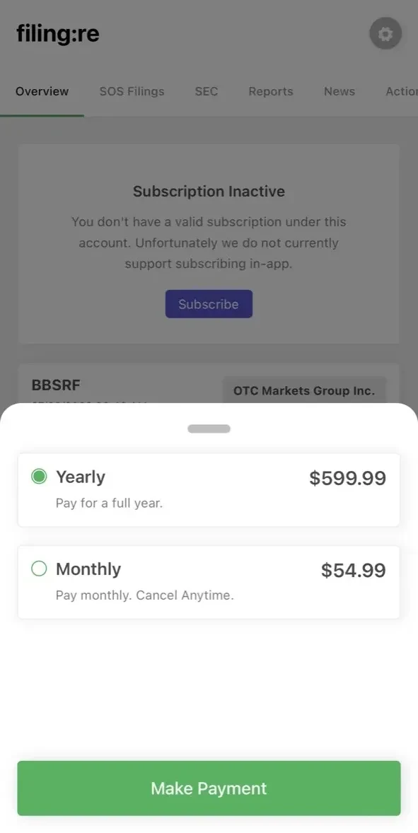 Filing paywall screen