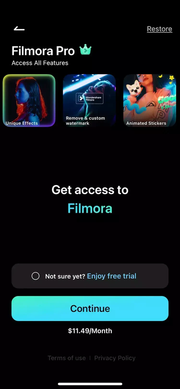 Filmora paywall screen