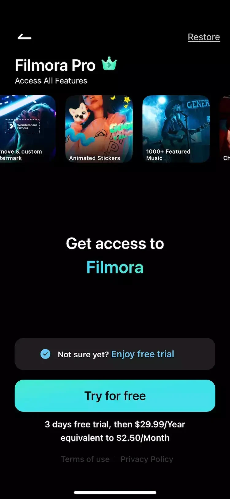 Filmora paywall screen
