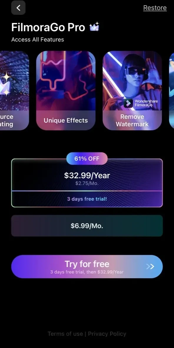 Filmora paywall screen