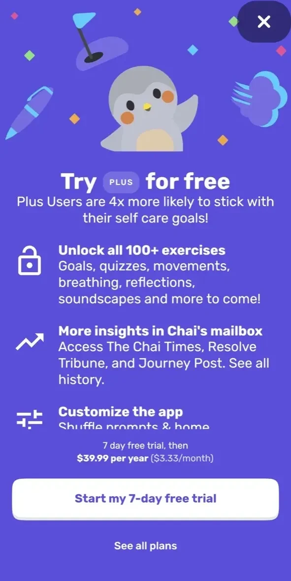 Finch paywall screen
