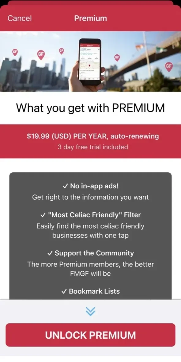 Find Me Gluten Free paywall screen