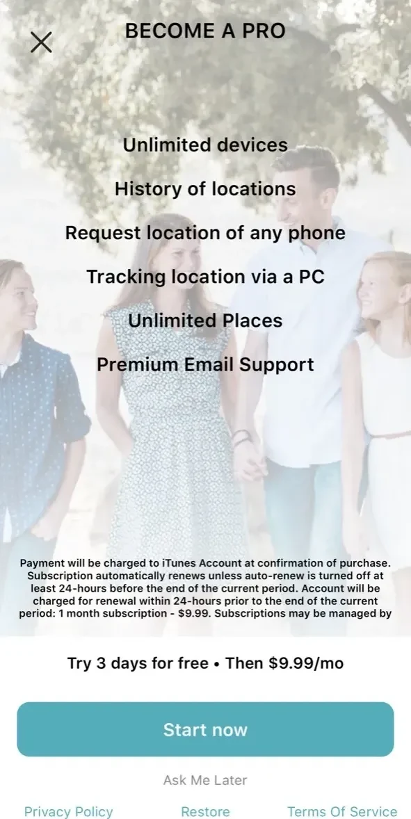 Find My Friends Phone paywall screen