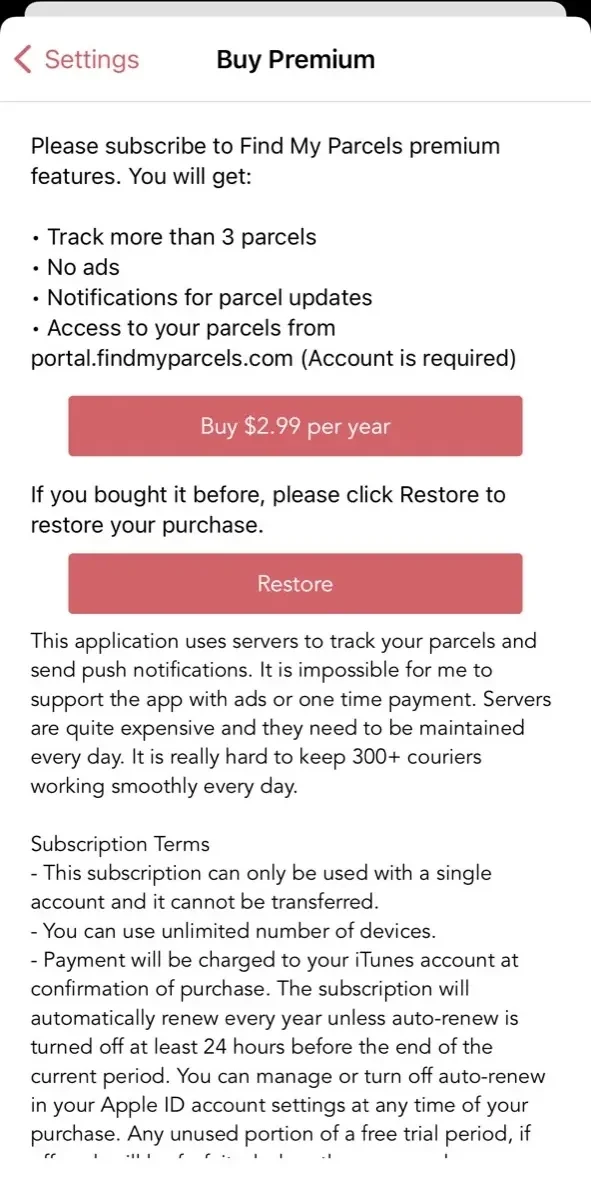 Find My Parcels paywall screen