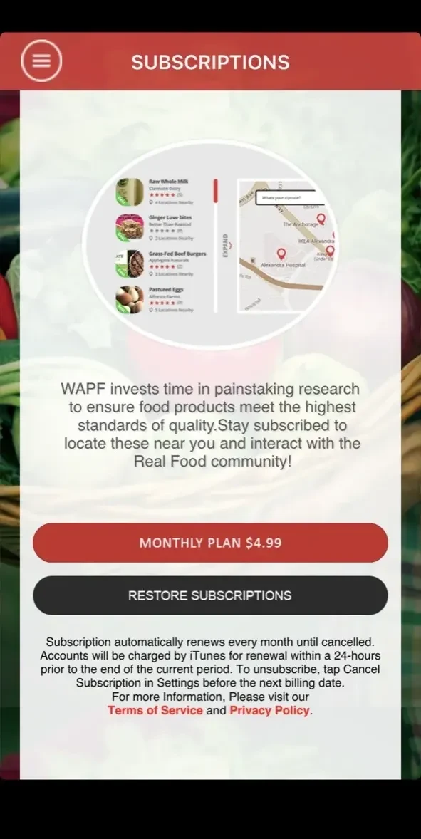 Find Real Food Locations paywall screen