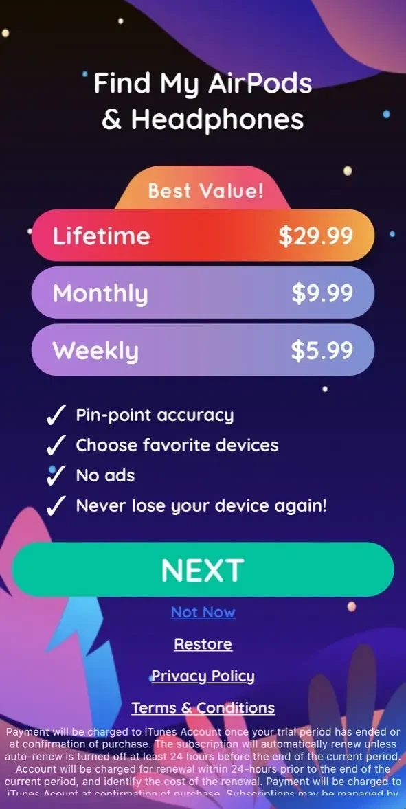 Finder For AirPod paywall screen