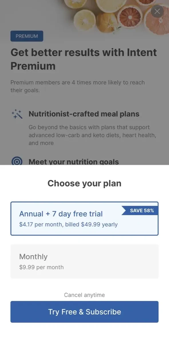 Intent paywall screen