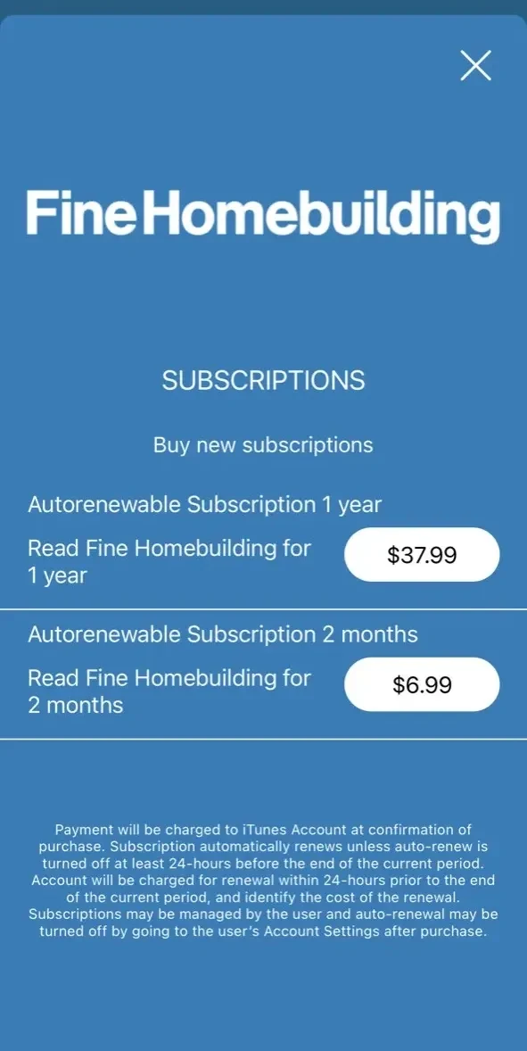 Fine Homebuilding Magazine paywall screen