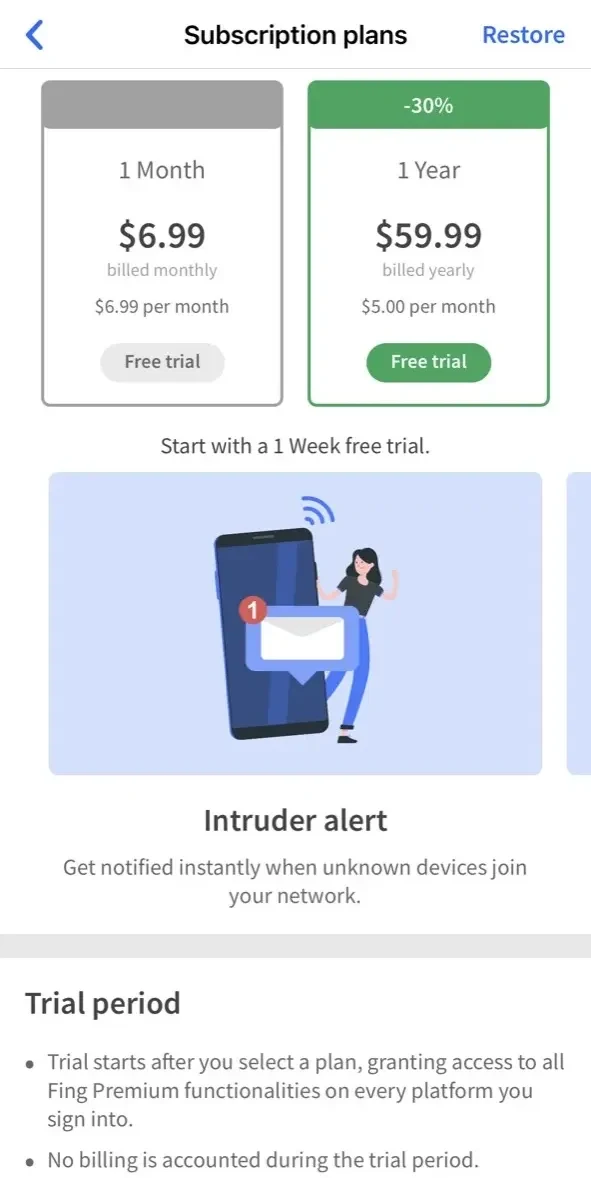 Fing paywall screen