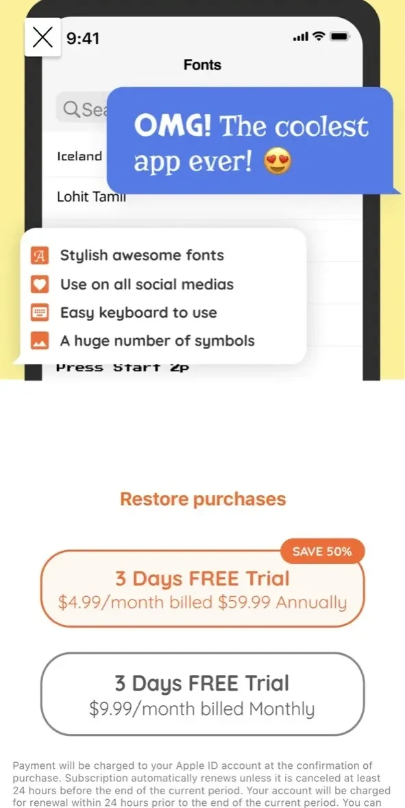 Fire Fonts paywall screen