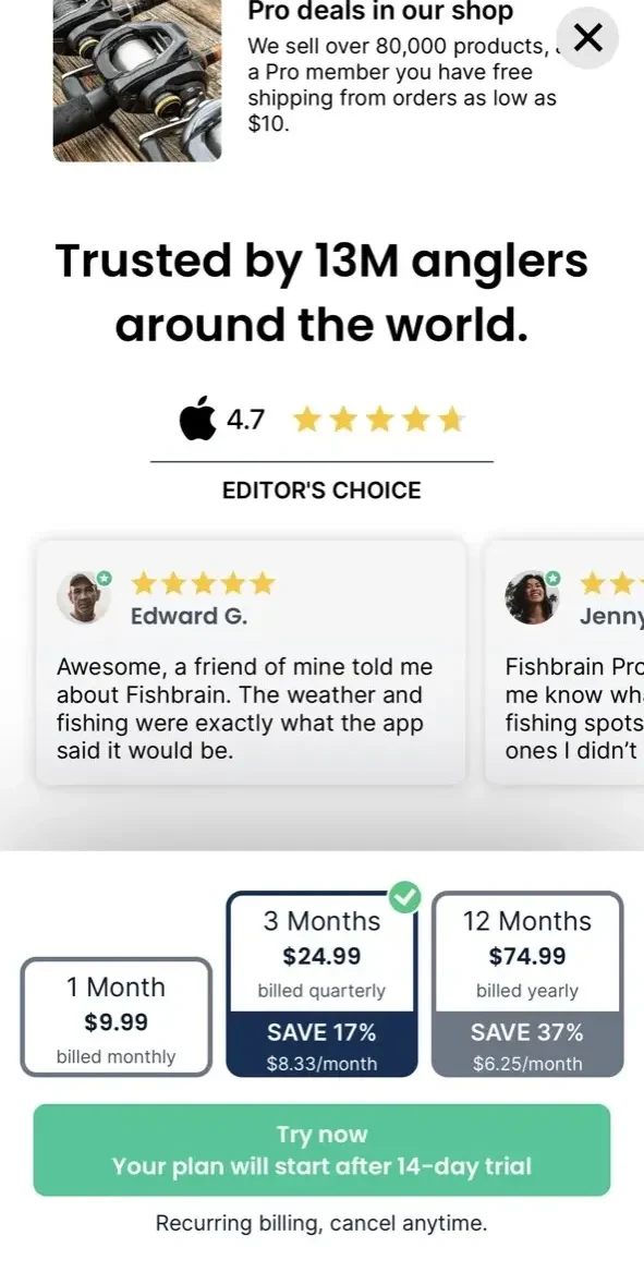 Fishbrain paywall screen