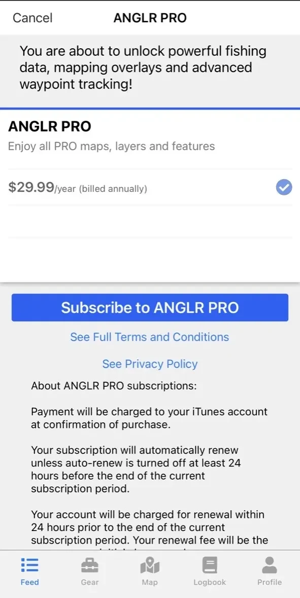 Fishing App paywall screen
