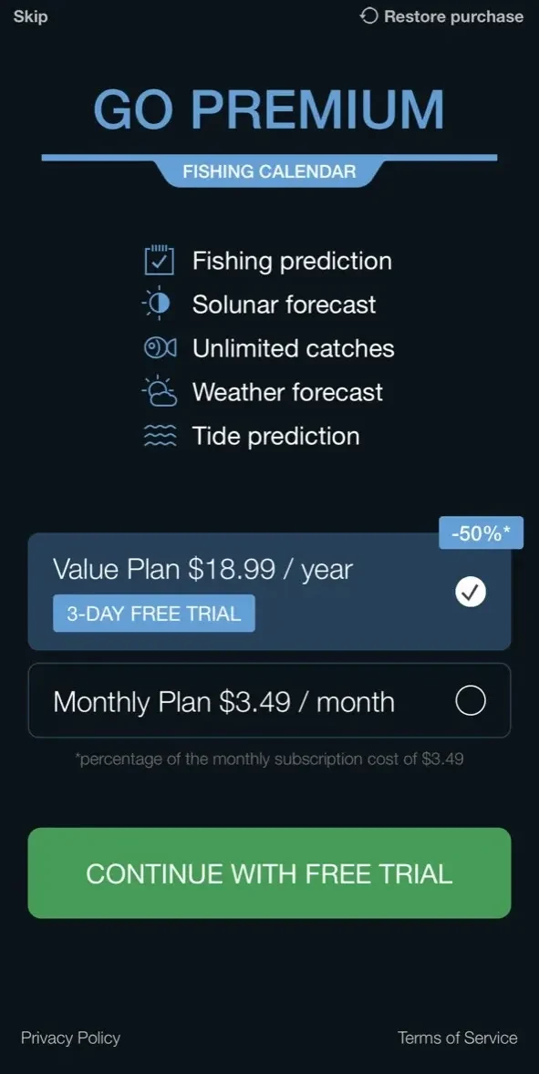 Fishing Calendar paywall screen