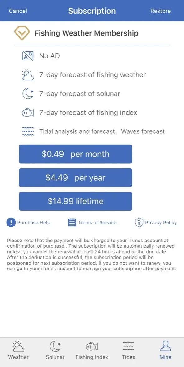 Fishing Index paywall screen