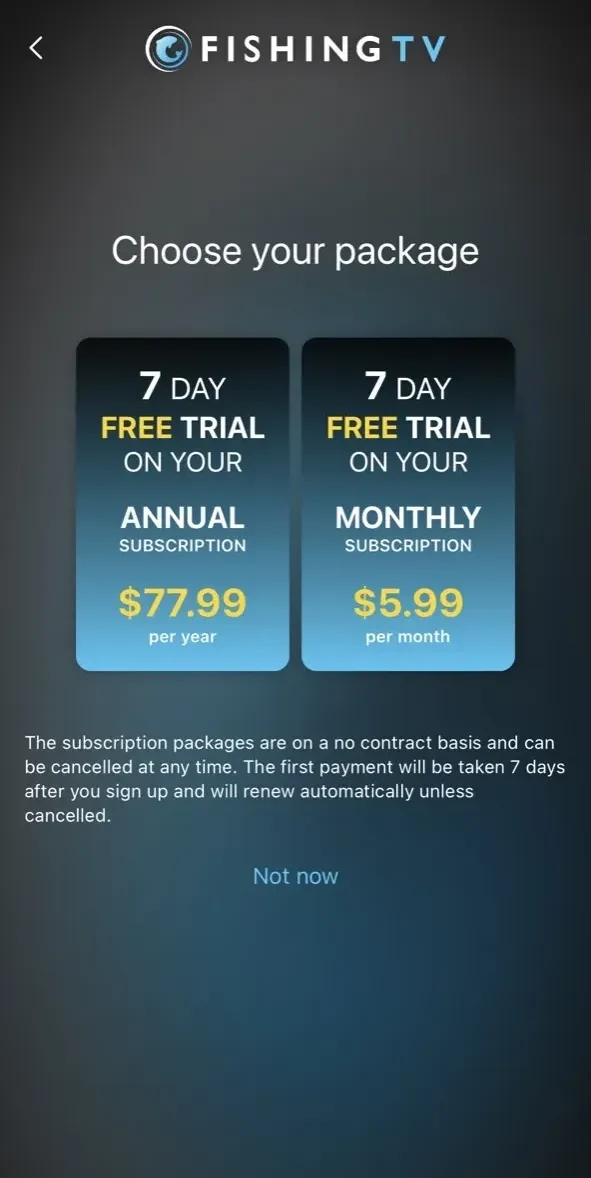 Fishing TV paywall screen
