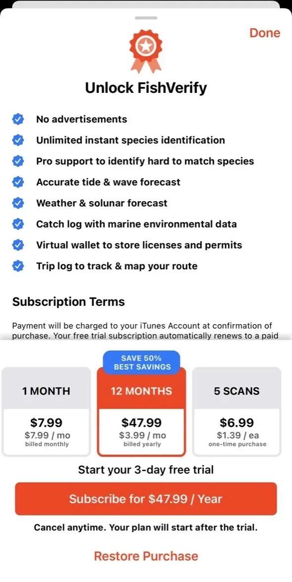 FishVerify paywall screen