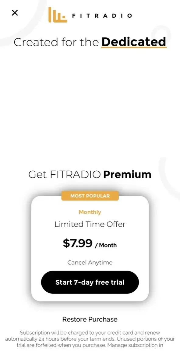 Fit Radio paywall screen