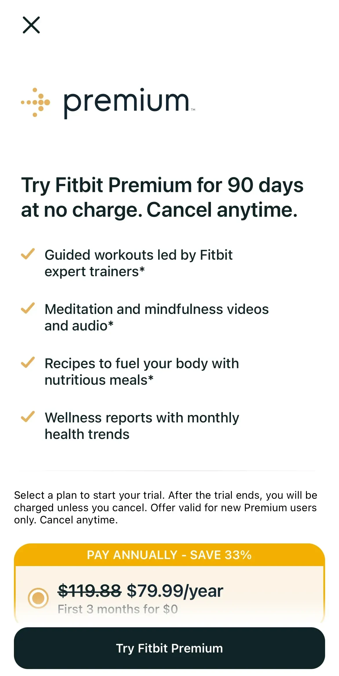 Fitbit paywall screen