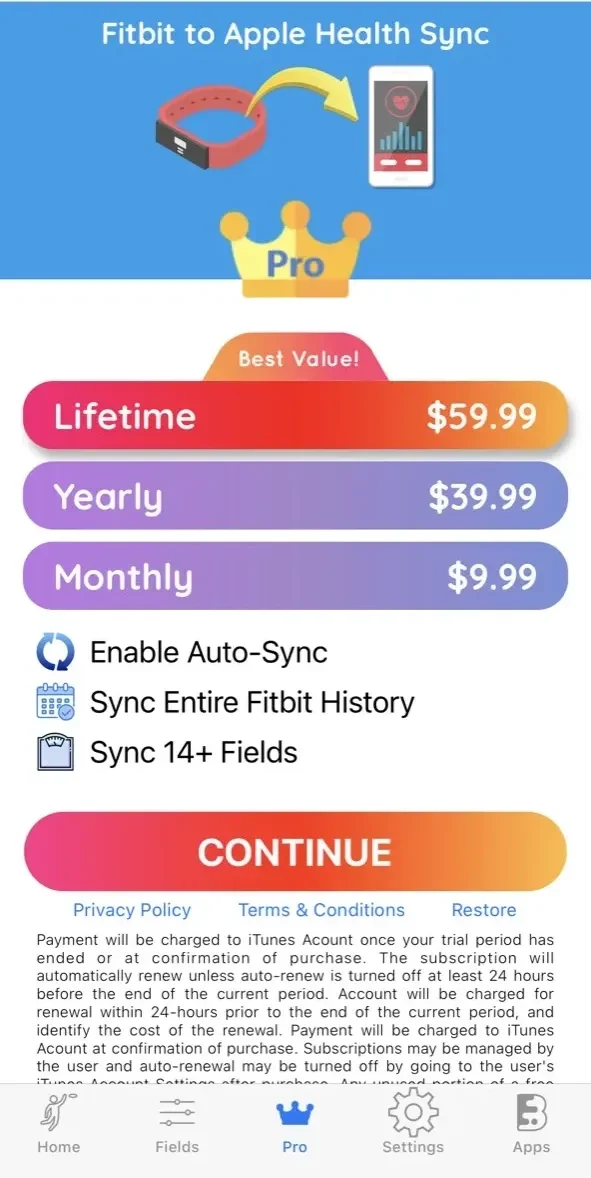 Fitbit to Apple Health Sync paywall screen