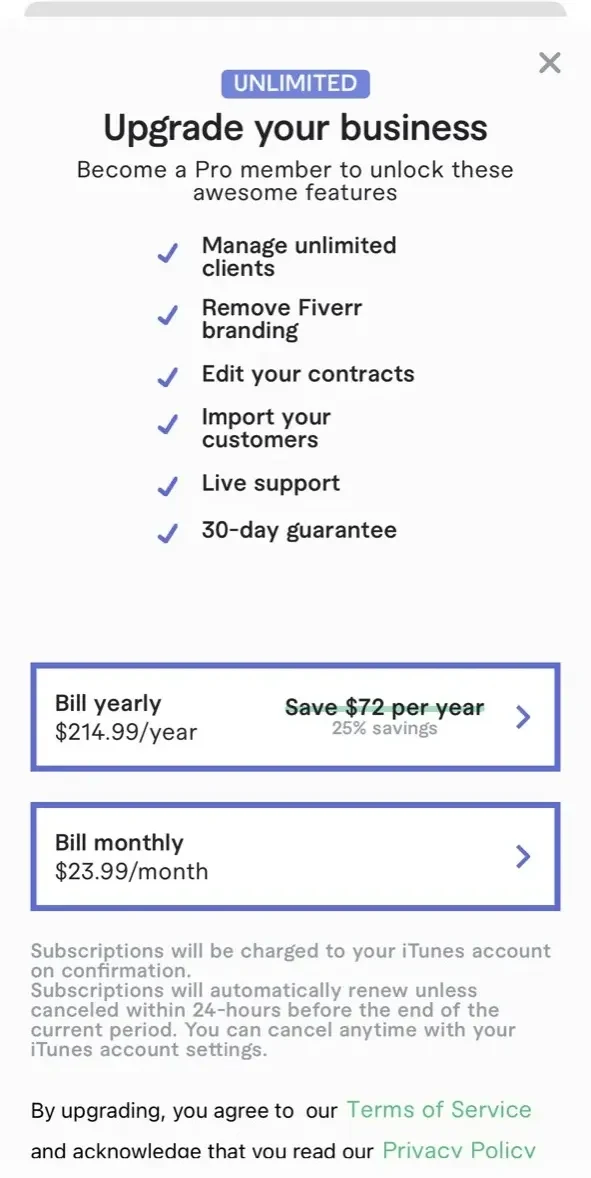 Fiverr Workspace paywall screen