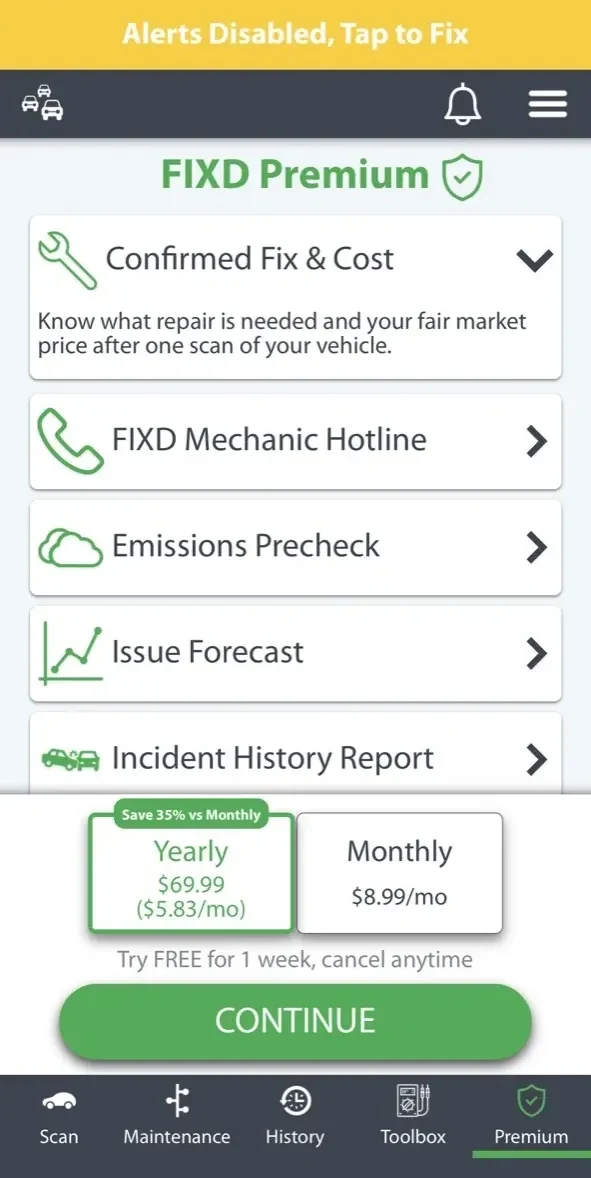 FIXD OBD2 Scanner paywall screen