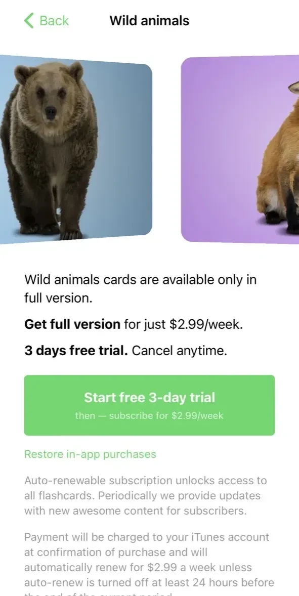 Flashcards. Animal sounds. ABC paywall screen