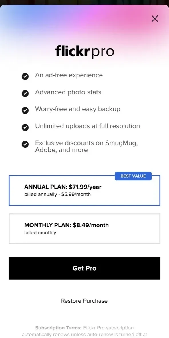 Flickr paywall screen
